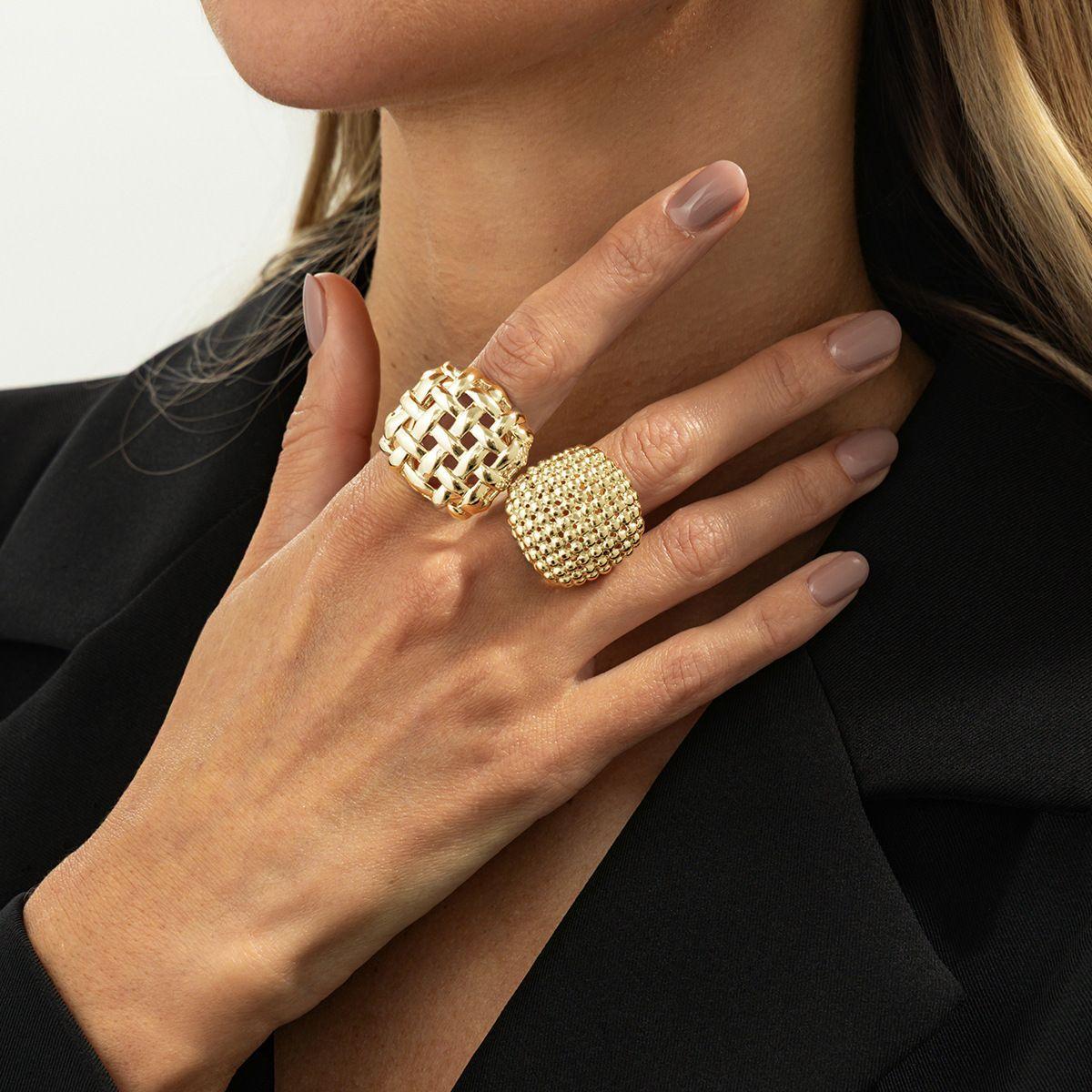 Stylish Metal Square Hollow Woven Ring Set With Wind-Sensitive Geometric Open Ring Design