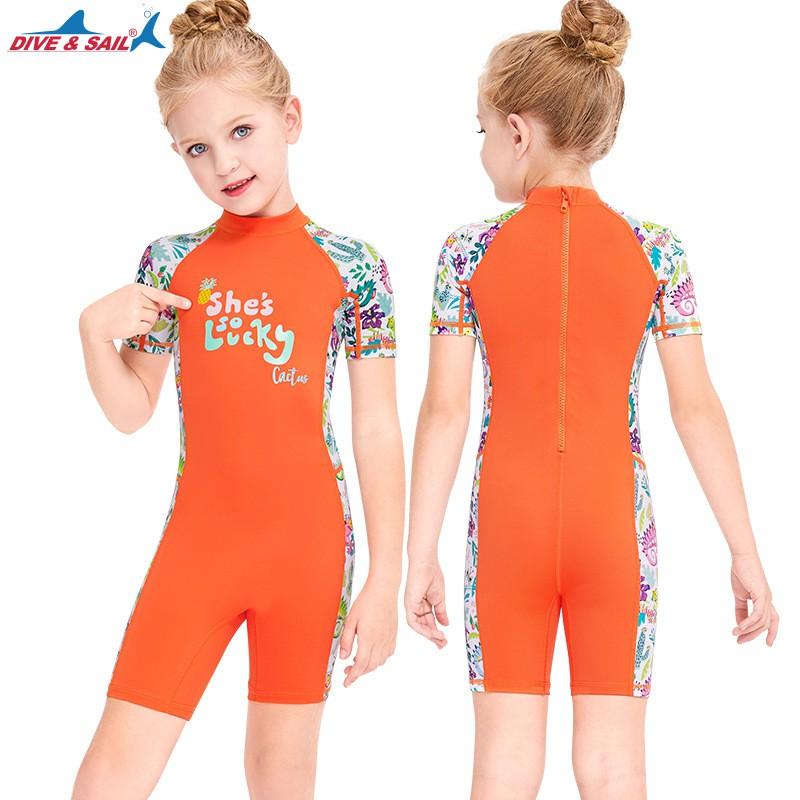 Children's Swimsuit Girl Middle Small Children One-piece Short-sleeved Box-suit Baby Sunscreen Quick-drying Hot