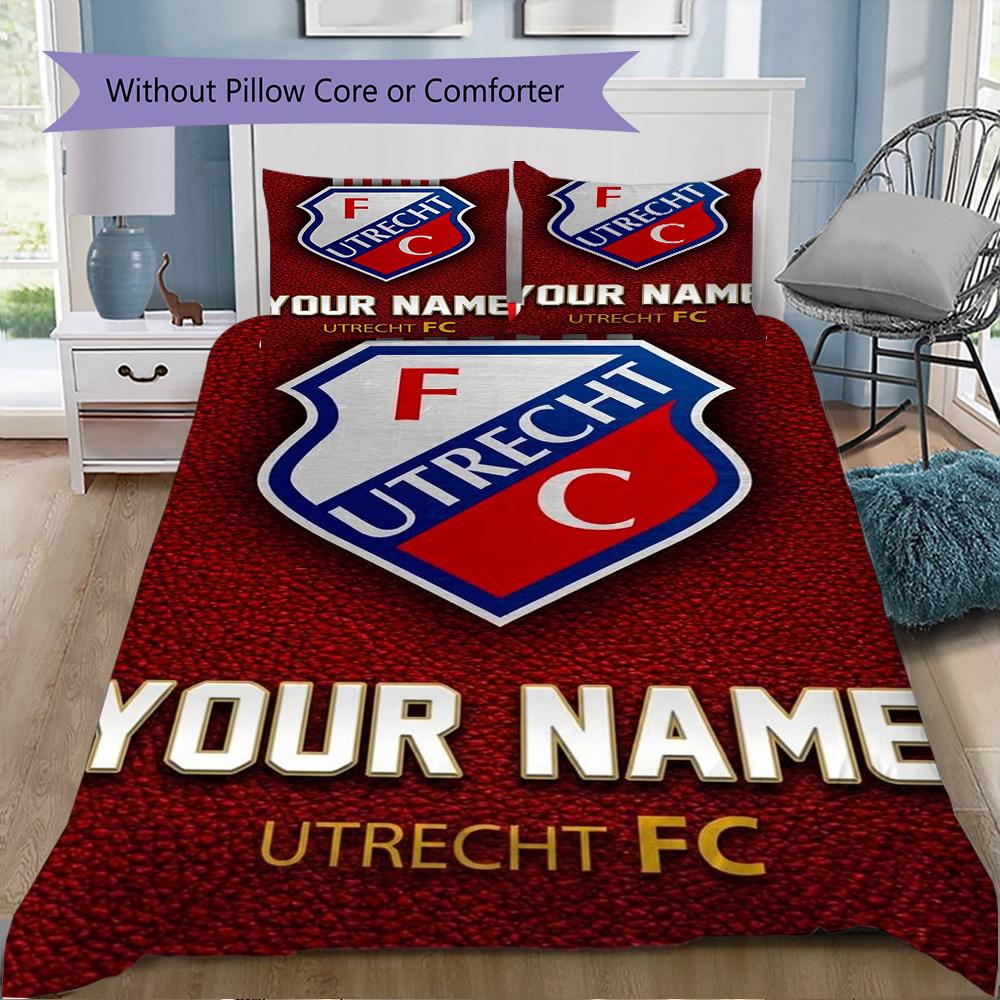 Benutzerdefinierter Name FC Utrecht Muster Bettwäsche Steppdecke Set Steppdecke Bezug Kissenbezug Heimdekoration Geburtstagsgeschenk (1*Bettbezug+2*Kissenbezug ohne Füllung)