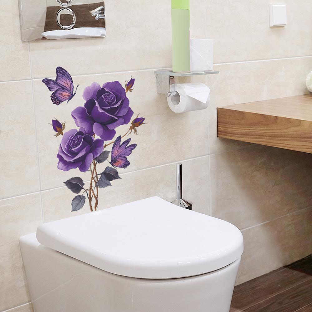 Vintage Hand Painted Purple Roses and Butterflies Toilet and Wall Sticker Set Waterproof Self-Adhesive Removable Decal for Bathroom WC Decoration