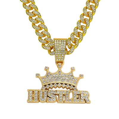 Full Diamond Crown Letter Cuban Chain Pendant, Hip Hop Street Necklace Men's Diamond Large Gold Necklace