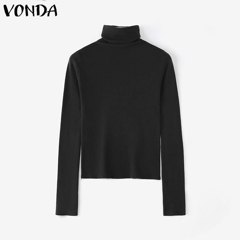 VONDA Autumn Women Turtleneck Long Sleeve Thin Casual Cropped Kniteed Sweater Tops Undershirts