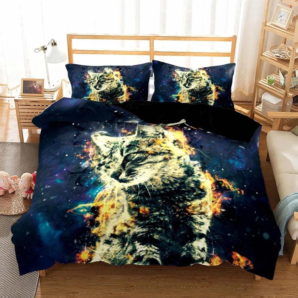 Galaxy Cat Kids Quilt/Duvet Cover With Pillocases Cartoon Animal Comforter Cover Bedding Set Star Sky Pet Child Bed Cover Sets