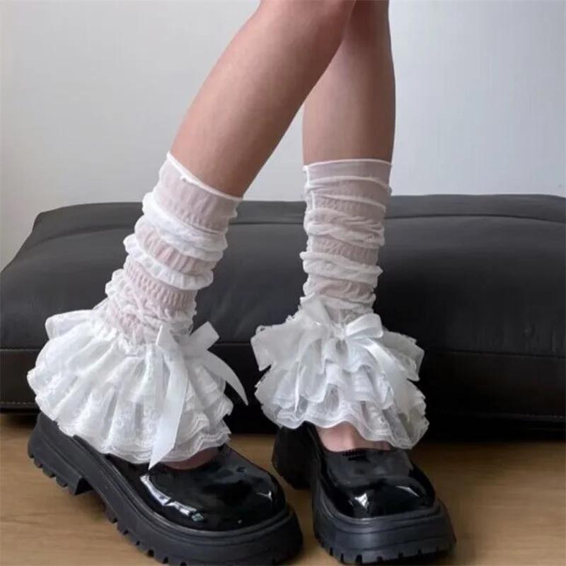 Süße Schleifen Mehrlagige Rüschen Stiefelmanschetten Damen Spitze Beinwärmer Y12K Ästhetisch Lange Socken Japanisch Lolita Gothic