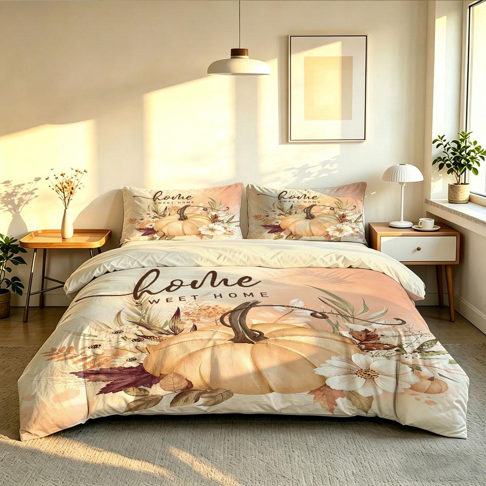 Vintage Fall Pumpkin Home Sweet Home 3Pcs Duvet Cover Set Floral Harvest Bedding Set Soft Farmhouse Bedroom Decor