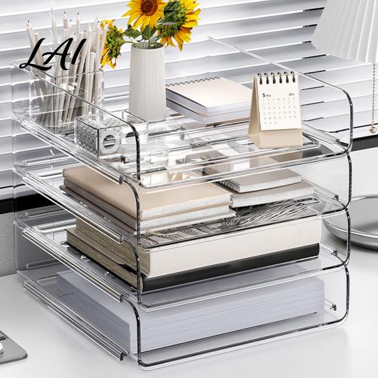 Stationery Storage Tray Clear Acrylic File Organizer Tray 1/2/3/4/5 Tier Paper Ducument Stackable Desktop Box Office Supplies Desk Rack Small