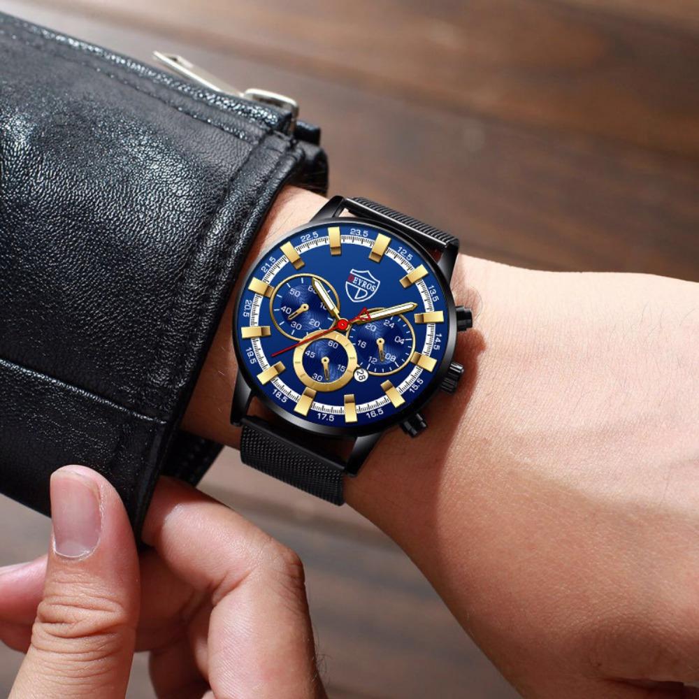 3ST Set Mode Business Guld Lyx Herrklocka Rostfritt stål Mesh-rem Datum Herrklocka & Armband & Korshänge, Herrpresenter