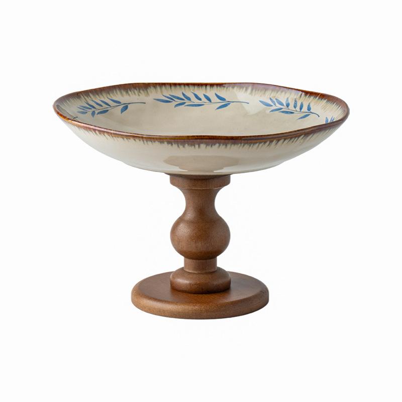 Wooden High-Footed Plate Fruit Plate Snack Plate Living Room Ceramic Fruit Plate Tray High-Value Entrance Ornament Export