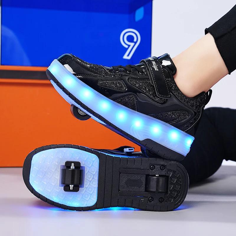 Women 2-wheel Roller Skate Shoes Trend Girls' Shoes With LED Retractable Child Dual-Purpose Casual Sneakers With Wheels