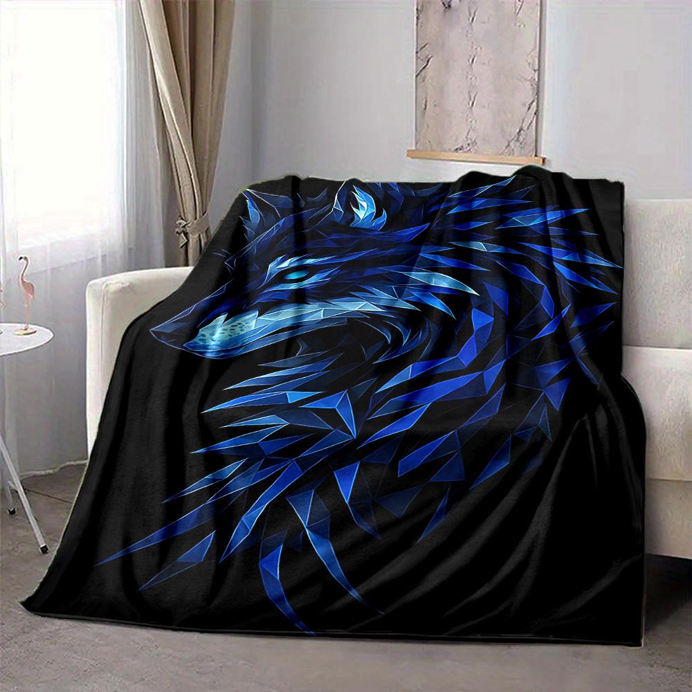 1pc Blue Wolf Head Soft & Warm Polyester Knit Blanket, Digital Printed, All-Season Throw for Napping, Traveling, Sofa yy250906030