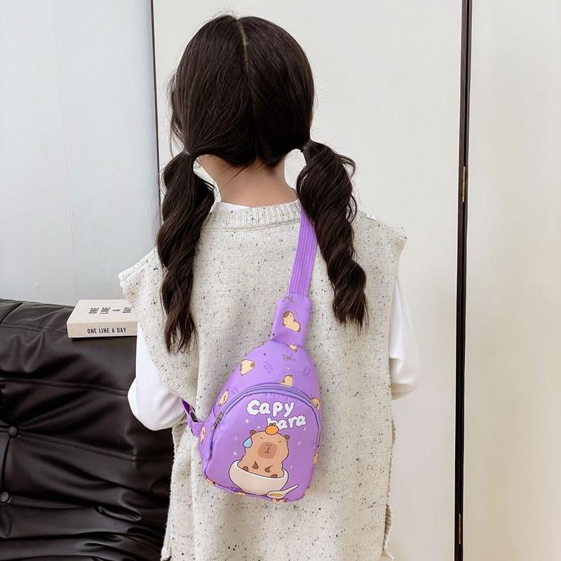 Cartoon Capybara Food Printed Kids Crossbody Bag With Nylon Material For Daily Use And Lightweight Comfort