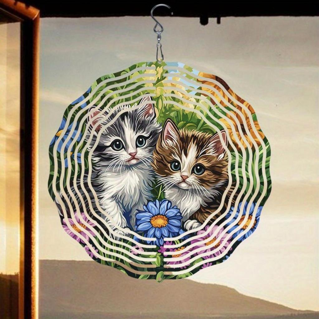 Verspieltes Kätzchen Windspiel Außengartendekor 2D Kinetische Anhänger Lebhaft Bunt Langlebiges Metall Hängend Drehend Geschenk für Frauen Mütter