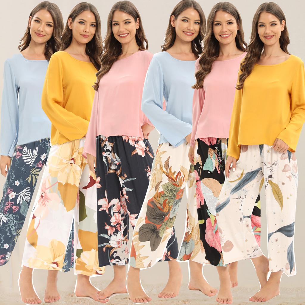 Women's Fashion Casual Loungewear Long Sleeve Long Pants Pajamas Set 2 Piece Printed Loose Home Wear