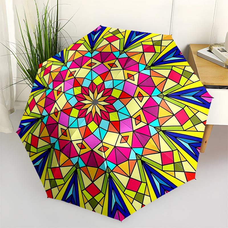 1pc Colorful Kaleidoscope Auto-Folding Umbrella with 3-Fold Design, Iron Frame, Outdoor Use, Festival Gift, Suitable for Fans, Travelers, Daily Use, P