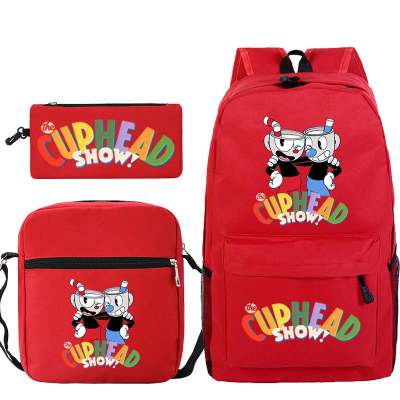 Cartoon Teacup Head Cuphead Student School Bag Backpack Three-piece Set Children's Shoulder Bag Pencil Bag