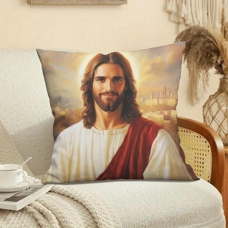 1pc Fashion Style Jesus Christ Portrait Pillowcase, Polyester Printed Decorative Cushion Cover, 45cm*45cm Soft Smooth Short Plush Fabric with Zipper C