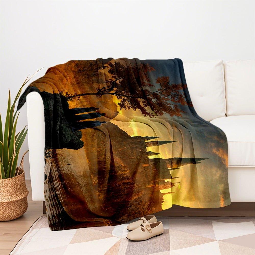 Hogwarts Castle Sunset Fantasy Art PrintBlanket Flannel Throw Blanket for Sofa, Bed, Travel, Camping, Office, Couch, Chair