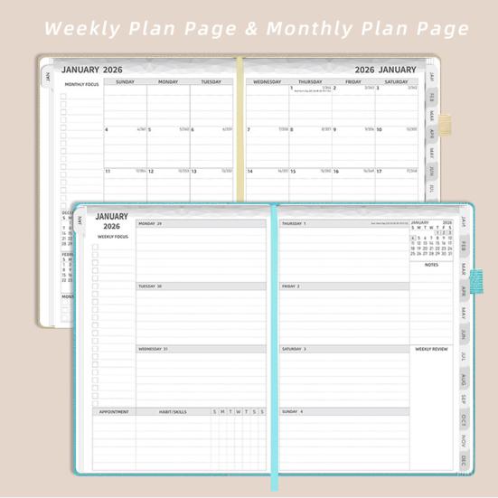 2026 Planner A5 Notebook 144 Sheets Hardcover Daily Journal Calendar Multifunctional Work-Life Balance Schedule for Travel College Home
