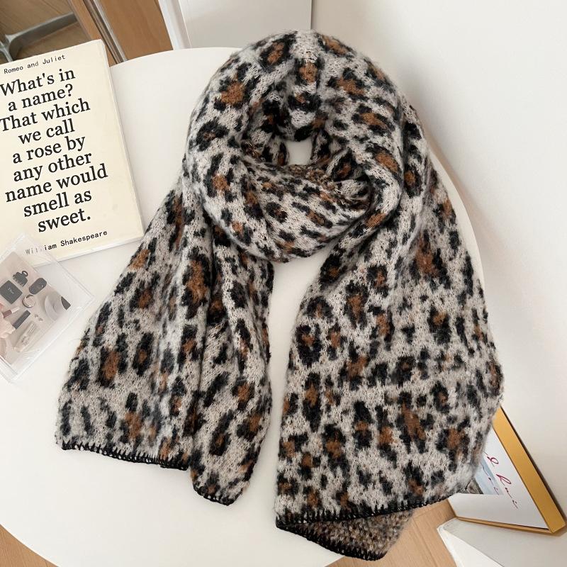 Women Winter Knitted Scarf Headscarf Ladies Men Casual Leopard Print Warm Scarve Mujer Male Foulard Wrap Shawl New Unisex Retro