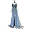 Light luxury one-shoulder long-sleeved fishtail split long dress gray heavy industry beaded banquet evening dress LA11811A
