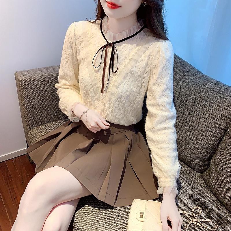 Fashion New 2024 Autumn Winter Long Sleeve Lace Up Stand Collar Velvet Lace Blouse Shirt Women Tops Blouses Shirts J758