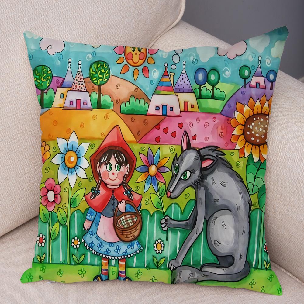 Children Oil Painting Art Cushion Cover Both Sides Plush Pillow Case Decor Cartoon Plant Throw Pillowcase for Sofa Home Car