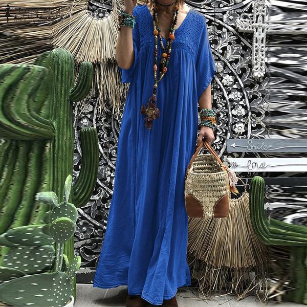 Damen V Neck Kleid Maxikleid Fackel Ärmel Oversize Lose Kaftan Promkleid Dress Vestido Robe Kleid
