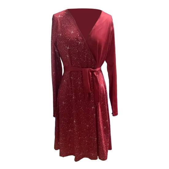 Fall Spring Women Dress V Neck Lace-up Tight Waist Sequin Decor A-line Big Hem Long Sleeves Prom Party Mini Dress
