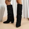 Fashion Fashion Flock High Heels Knee High Boots Women Plus Size 36-43 Pointed Toe Shark Boots Woman Slip On Wide Leg Long Botas Mujer