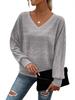 2025 Women's V-Neck Patchwork Long Sleeve Casual Pullover Top - Solid Color