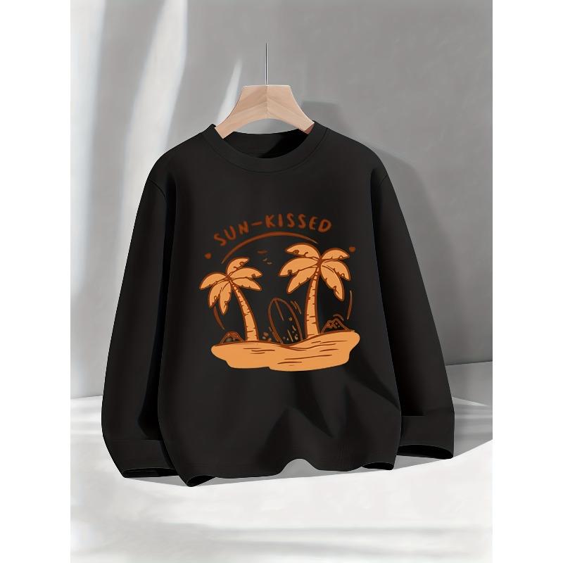 Kids Sweatshirt Casual Fashion Crew Neck Tan Palm Tree Surfboard Print Easy Everyday Top