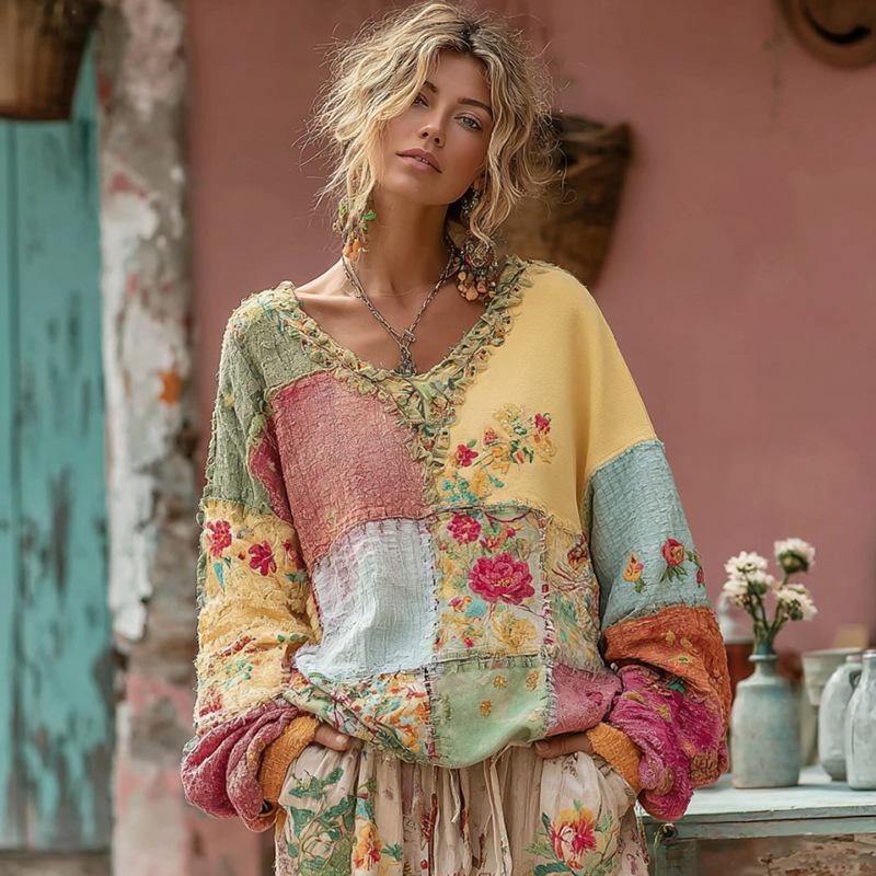 Camicetta da Donna Scollo a V Manica Lunga Vestibilità Regolare Casual Stampa Floreale Camicia Boemia