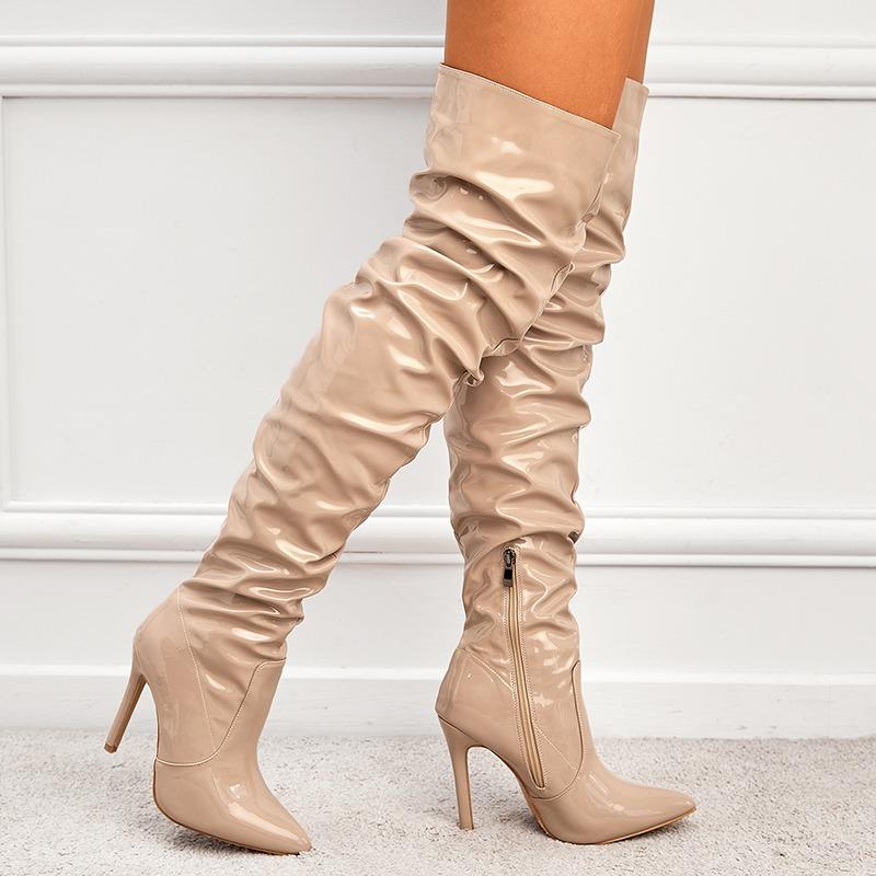 Fashion Red White Boots Winter Sexy High Heels Women Patent Leather Thigh High Boots Pointed Toe Waterproof Long Boots