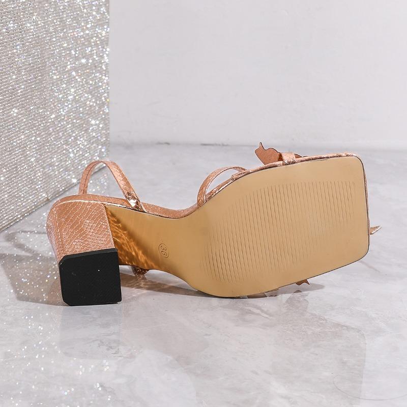 Sexy Women Heeled Sandals Butterfly Square Toe Buckle Cross Strap Thick High Heels Nightclub Party Shoes Chaussures Femme