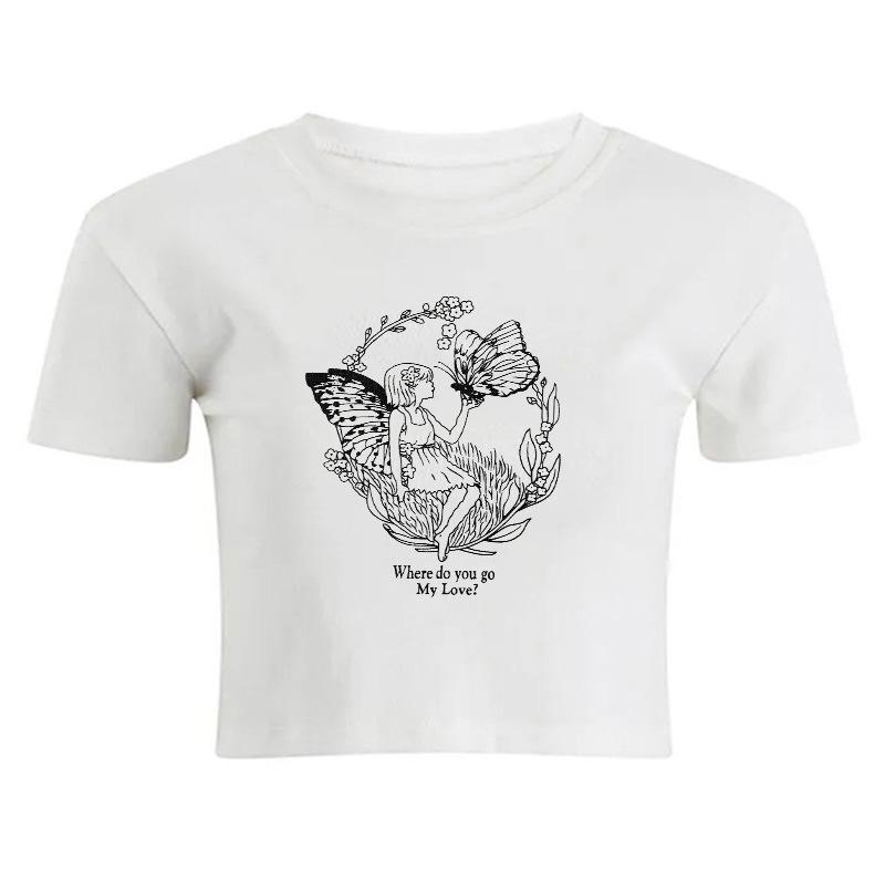 European, American English slogans Printed sexy exposed navel short T-shirt fashionable round neck slim slim top women's multi-picture