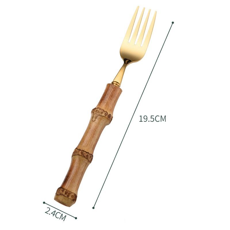 Hi Bamboo Handle Stainless Steel Cutlery Set Wooden Spoon and Fork Set Knife Minimalist Gold