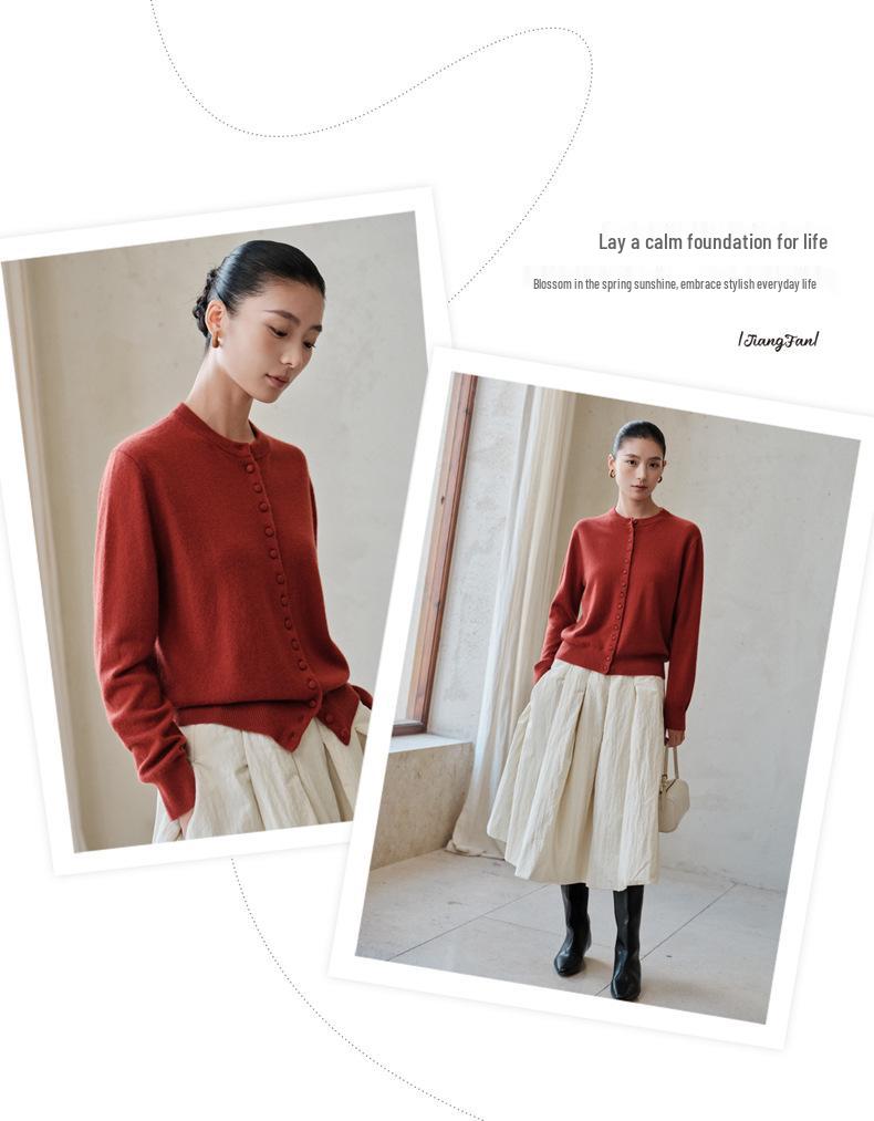 Women's 100% Pure Cashmere Cardigan - Round Neck, Long Sleeve Knit Sweater for Autumn Winter