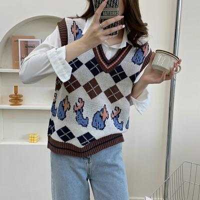 Women's Knitted Sweater Vest  New Oversized Knitwear All-Match Pullover Tops V Neck Sleeveless Girls Retro Jumpers