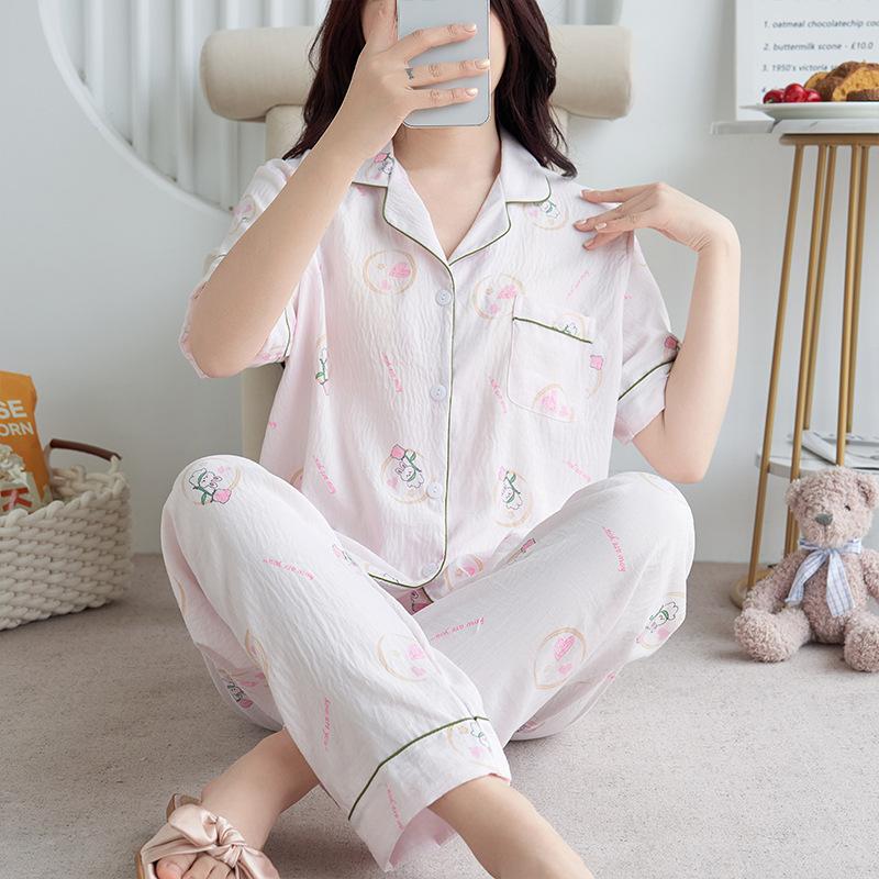 1011 new pajamas women's summer cloud cotton short-sleeved trousers two-piece set Japanese large-size printed loungewear autumn