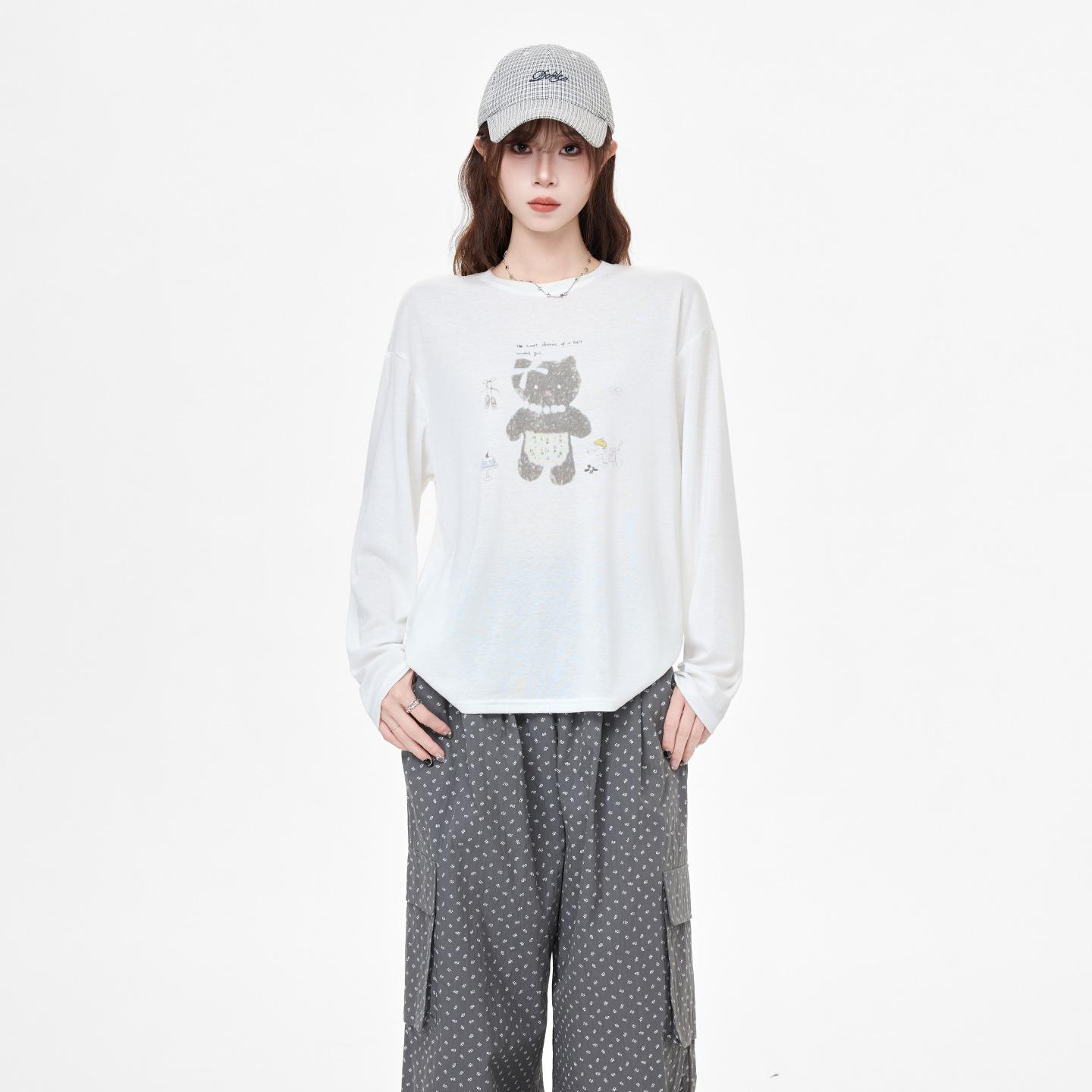 

Sweet white cat print long-sleeved blouse sunscreen T-shirt women s summer round neck loose and thin L