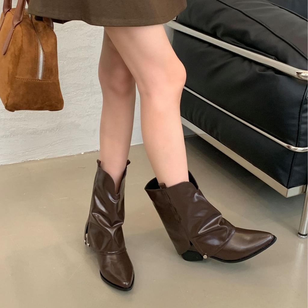 Fashion 2025Vintage Women Western Cowboy Boots Fashion Pointed Toe Shoes Ladies Thick Heel Short Botas Autumn Winter Zapatos De Mujer