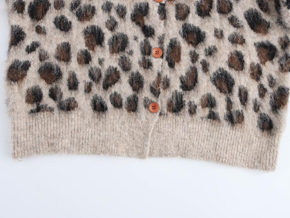 Leopard Print Round Neck Ribbed Knit Cardigan - European & American Style