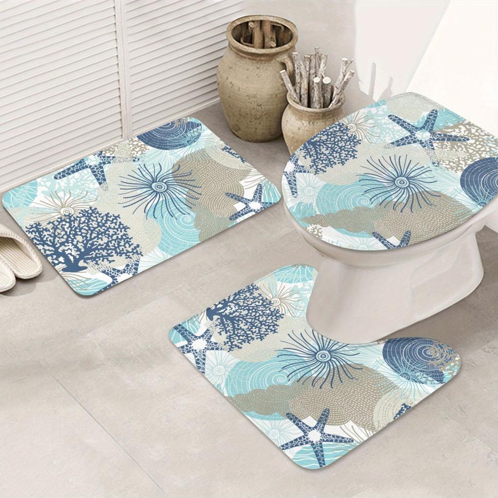 3-Piece Bathroom Mat Set - Anti-Slip Starfish & Seashell Design, Machine-Washable, Soft Flannel - Ideal for Home Safety and Decor