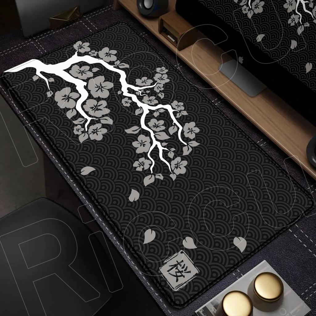 Rosa und Schwarz Neue Kirschblüte Schlossrand Natürliches Gummi Mauspade Großes Gamer Schreibtischpad Sakura Kunst Design Tastaturmatte Waschbar