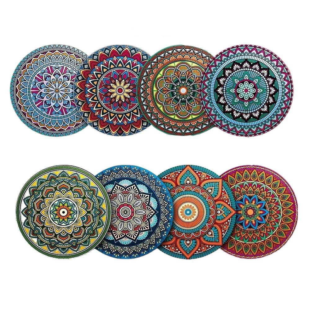 Retro Holz Mandala Untersetzer Set Rund Hitzebeständig Katzen-Thema Tassenunterlage Partyzubehör Getränkeunterlagen für Bar, Büro, Heimdekoration