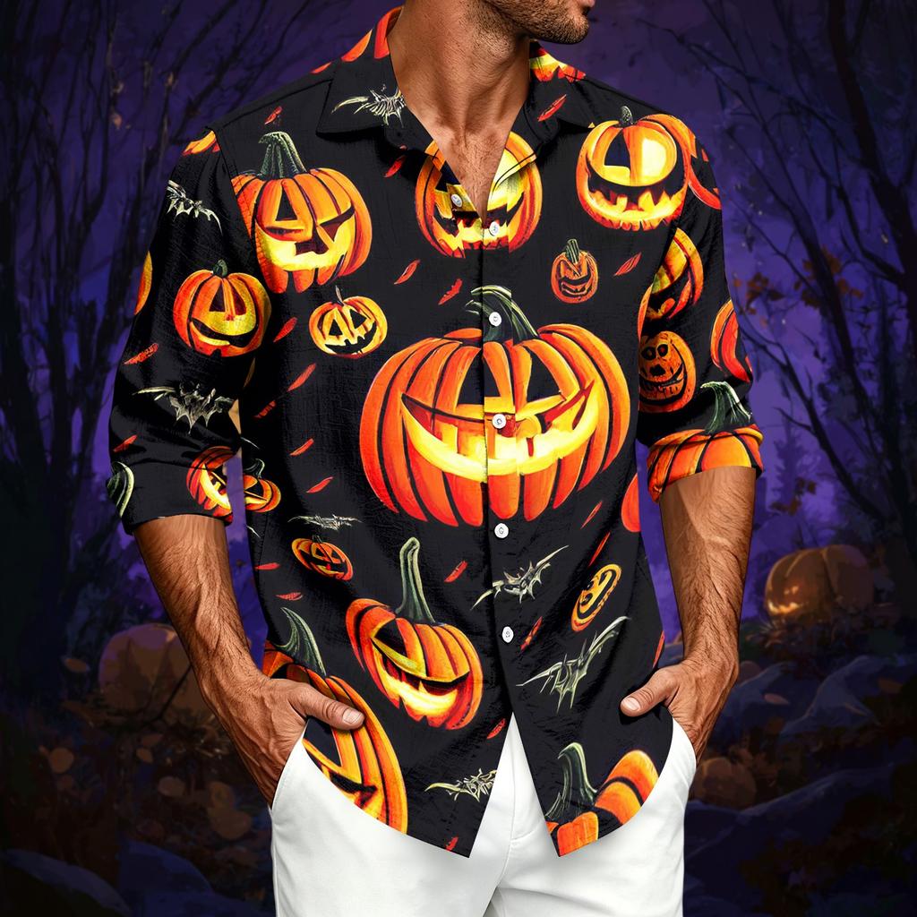 Men's Casual Long-Sleeve Shirt with Halloween Print for Spring ,Summer and Fall