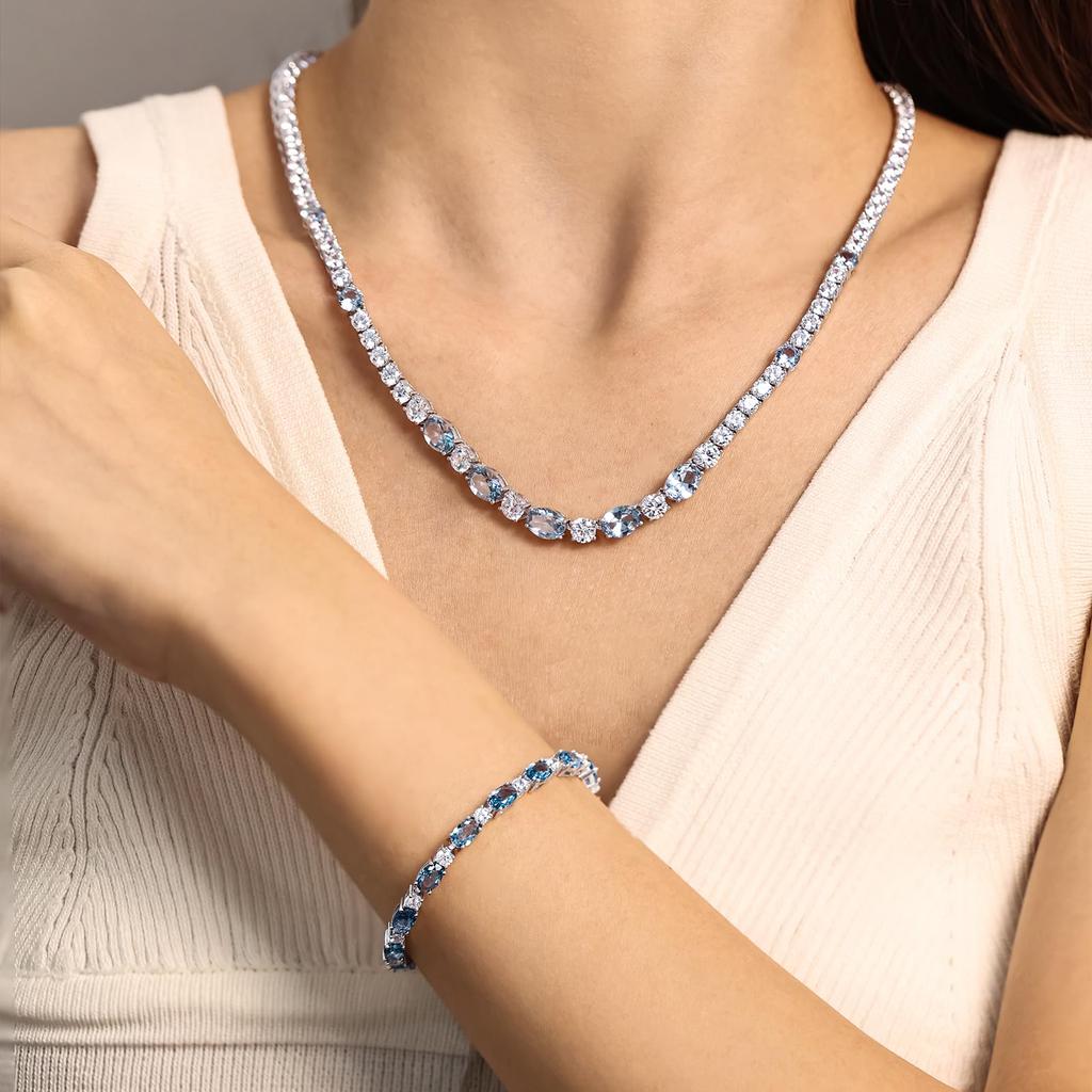 FANCIME Colar de Tênis com Água-marinha e Março e Prata Um presente perfeito para ou qualquer especial Embalagem de presente Zircônia Feminina, Pedra de Nascimento, S925.