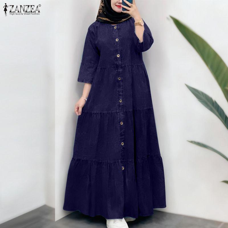 ZANZEA Women Round Neck 3/4 Sleeve Loose Casual Long Dress