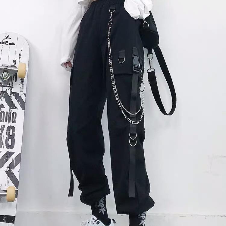 Women Cargo Pants Harem Pants Fashion Punk Pockets Jogger Trousers With Chain Harajuku Elastics High Waist Streetwear
