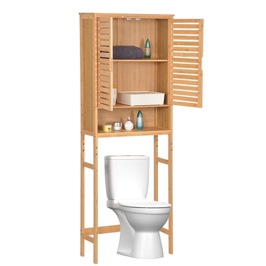 Badezimmerschrank über Waschmaschine mit Regalen, Freistehend, Abschließbar, Bambus, 170X66X23Cm